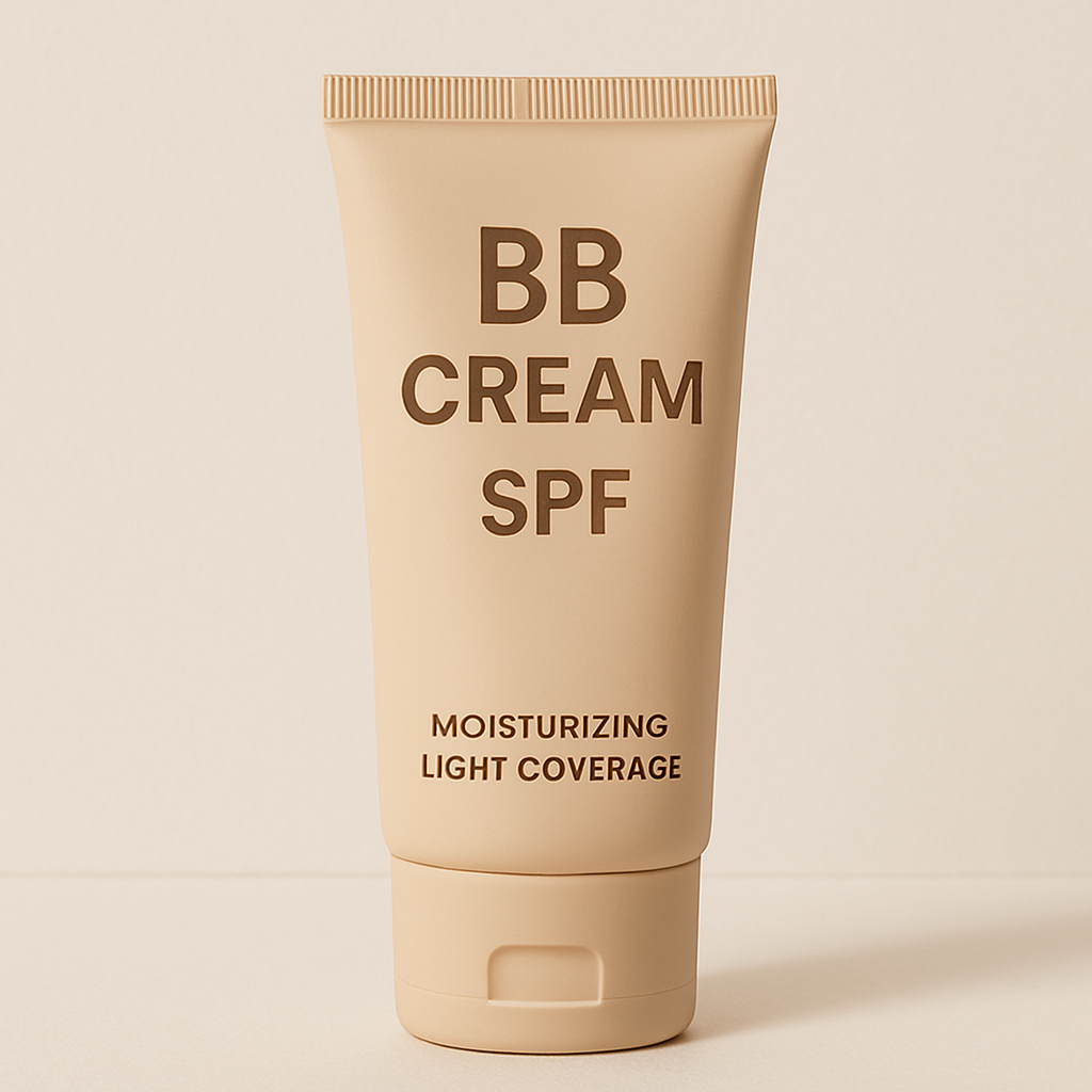 A general beige tube of BB Cream labeled "BB CREAM SPF" with "Moisturizing Light Coverage" written below, displayed against a soft, neutral background. The packaging is minimal and modern, emphasizing skincare benefits with sun protection.